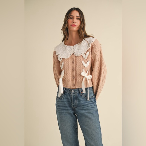 80B. Eyelet Collar Cable Knit Cardigan - Rose - Picture 6 of 12